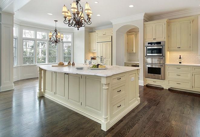 wood-look laminate floors in bright, airy kitchen in Fox River Grove IL